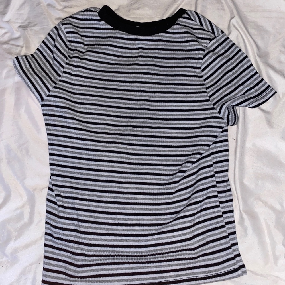 Black, white, and grey striped top
